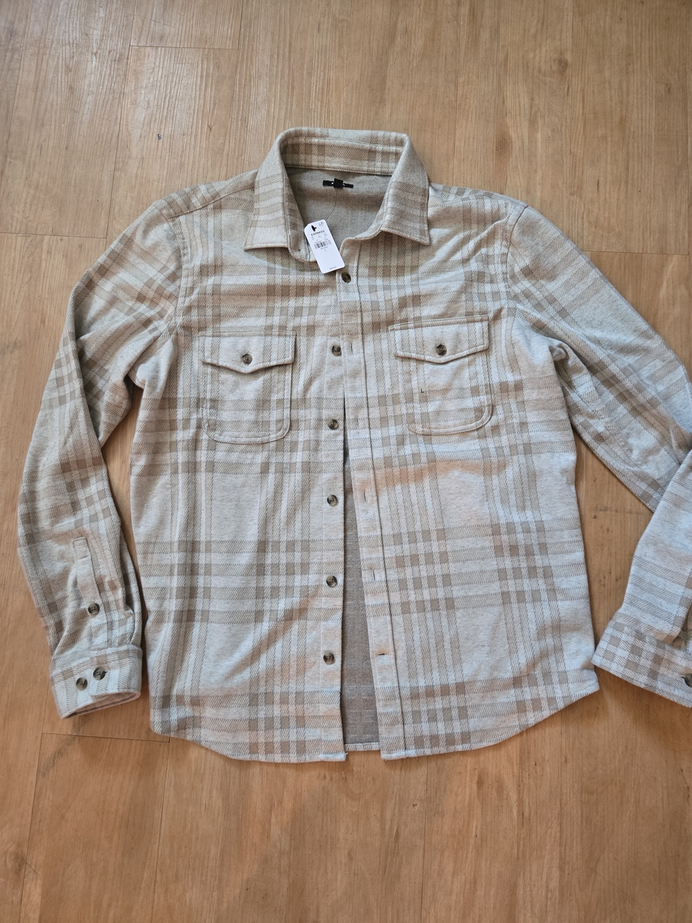Express Beige and Cream Plaid Men's Dress Shirt